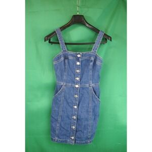 Levis Womens Blue Denim Button Front Mini Dress XS Smocked Back Pinafore